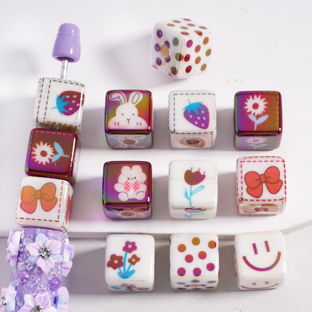 Acrylic Beads UV Coating Cube Square with Cute Bunny Strawberry Flower Bowknot Smile Face, 14MM, Random Mix
