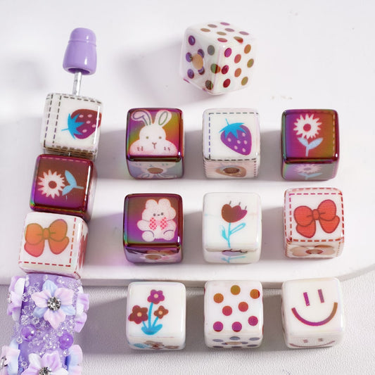 Acrylic Beads UV Coating Cube Square with Cute Bunny Strawberry Flower Bowknot Smile Face, 14MM, Random Mix