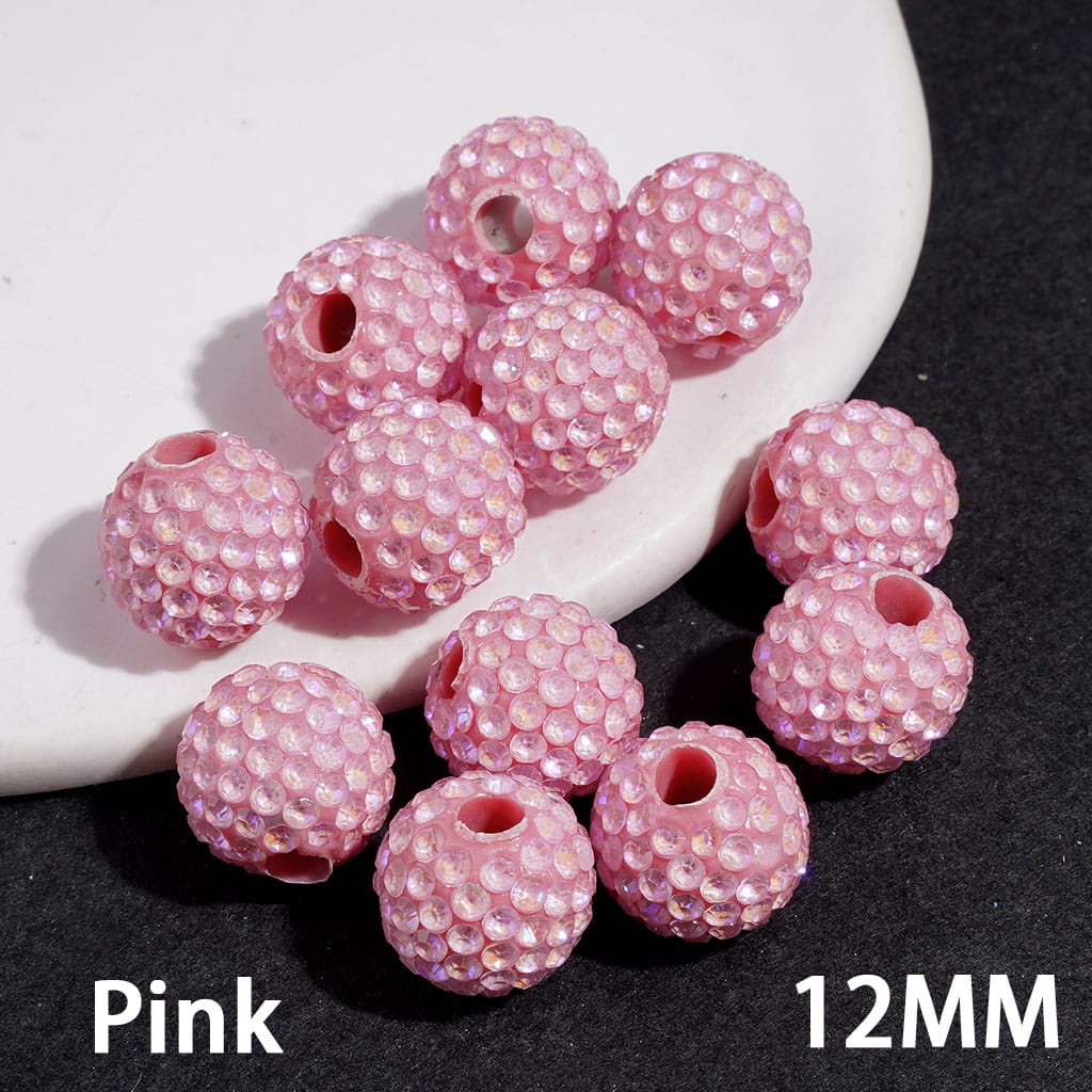Clay Beads with Dazzling Clear Rhinestones in UV Coated Process, 12MM, Big Hole Beads, Multi-Color (The Hole Diameter is Around 4MM)