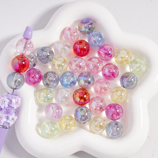 Acrylic Beads UV Coating Snowflakes Prints Translucent, 16MM, Random Mix