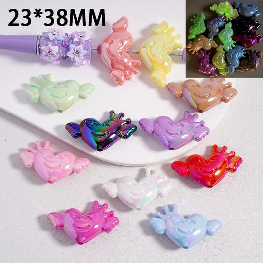 Acrylic Beads Luminous UV Coating Cute Smile Face Heart with Crown Wings, Solid Color, 23*38MM, Random Mix