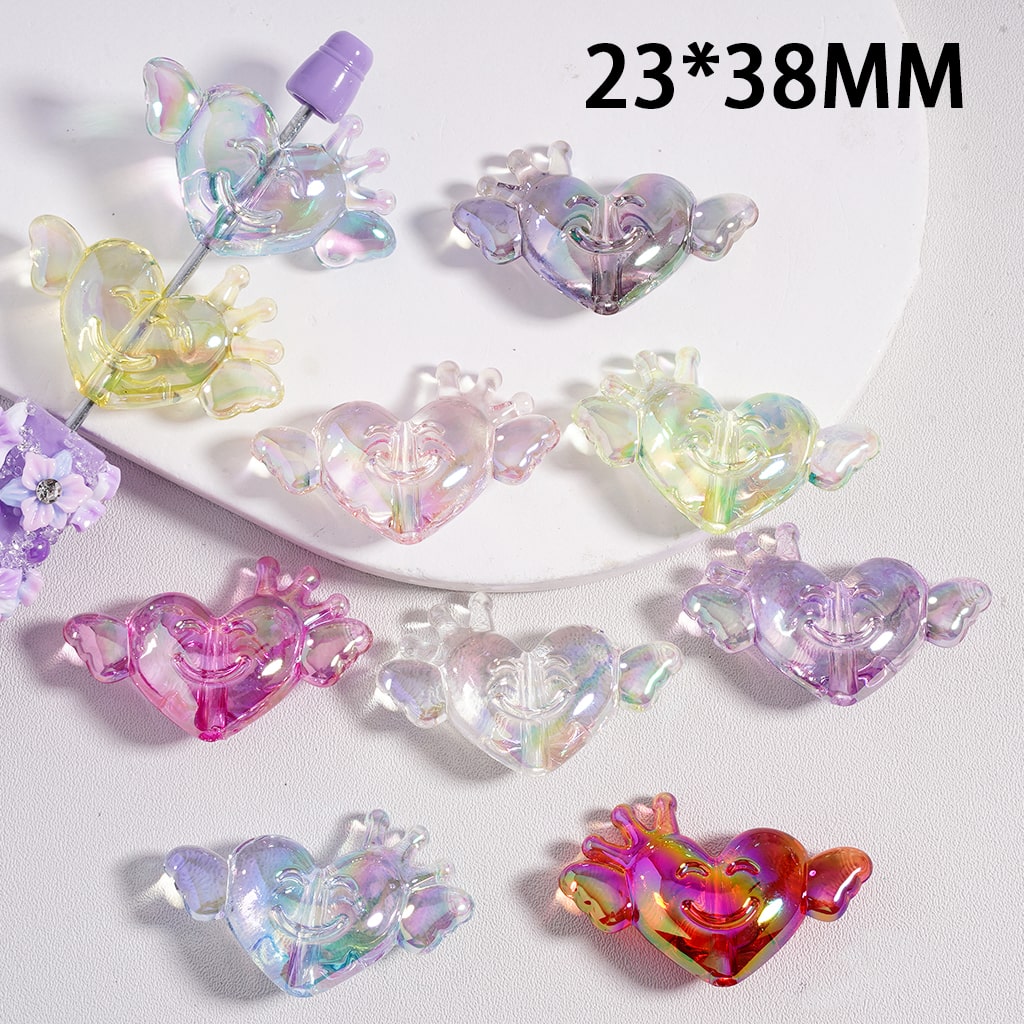 Acrylic Beads UV Coating Cute Smile Face Heart with Crown Wings, Translucent Color, 23*38MM, Random Mix