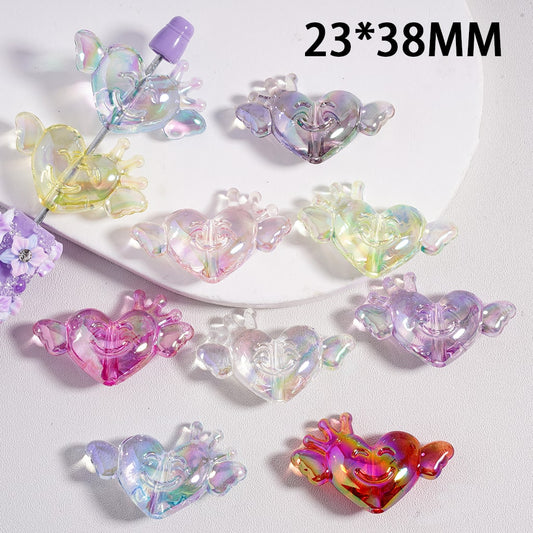 Acrylic Beads UV Coating Cute Smile Face Heart with Crown Wings, Translucent Color, 23*38MM, Random Mix