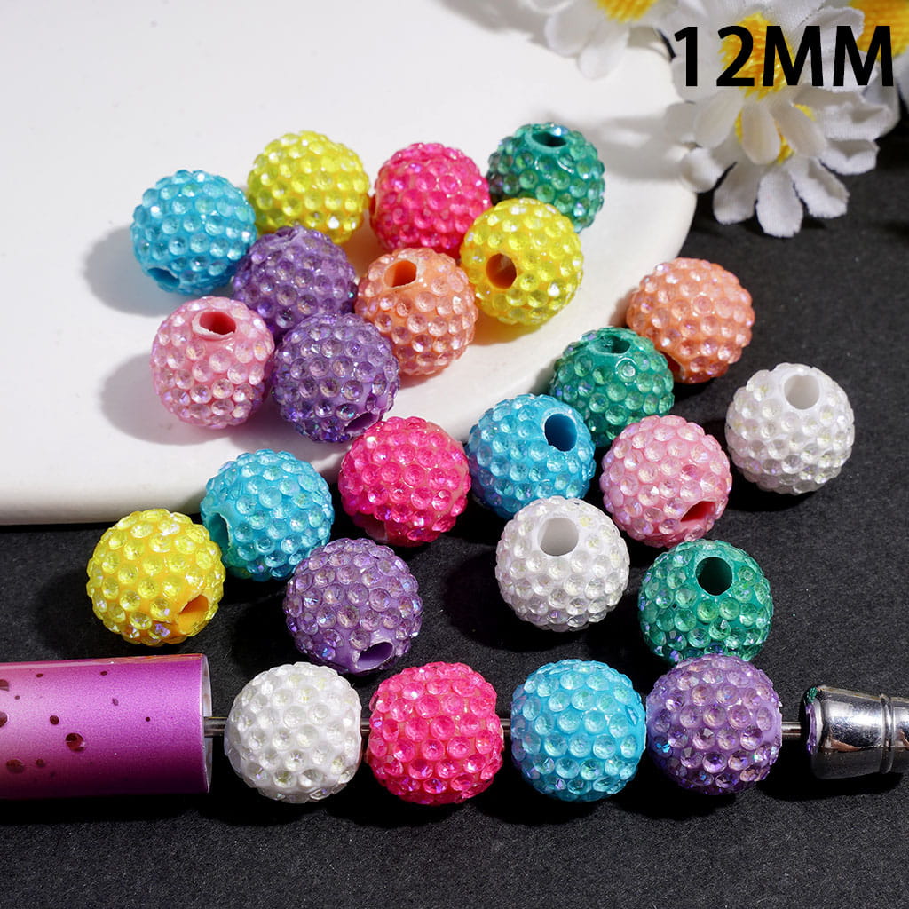 Clay Beads with Dazzling Clear Rhinestones in UV Coated Process, 12MM, Big Hole Beads, Multi-Color (The Hole Diameter is Around 4MM)