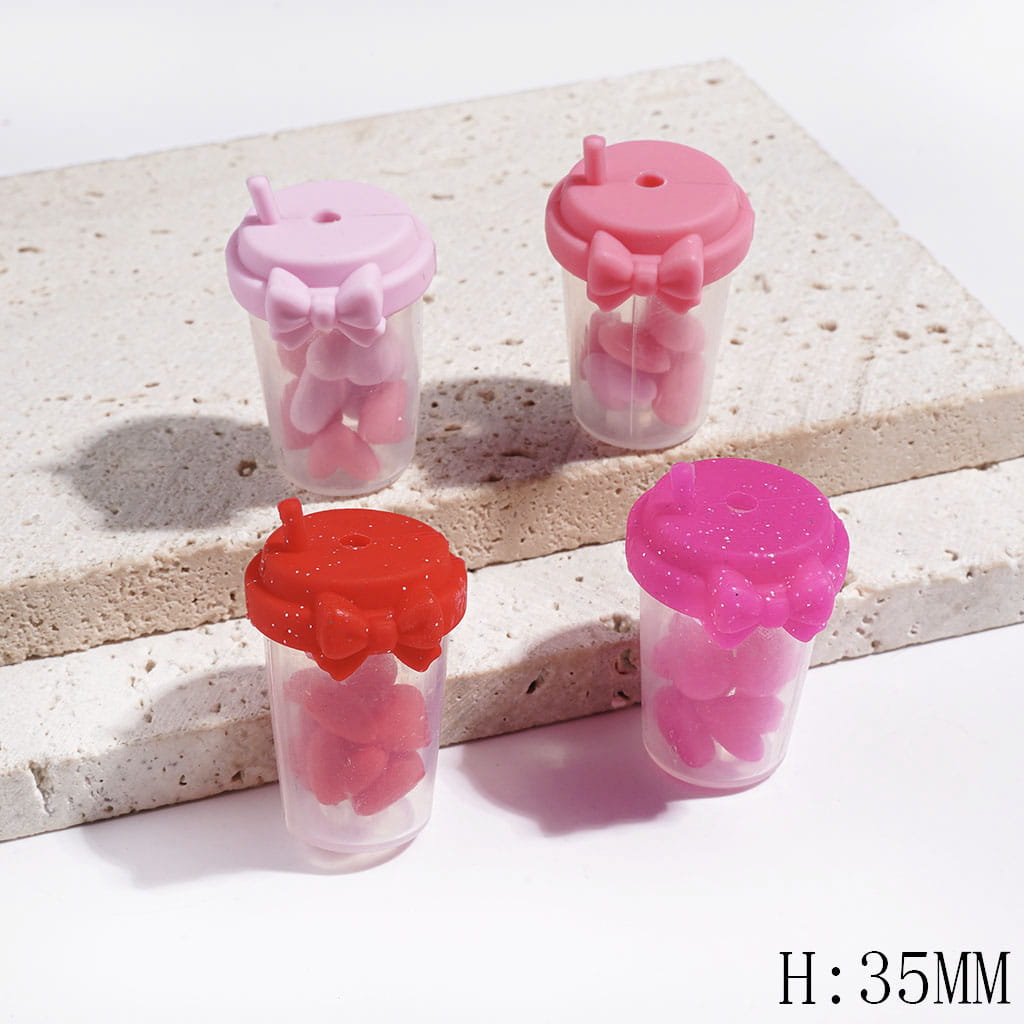 Mini Hearts Inside Milk Tea Cup Beads, Silicone Focal Shaker Beads with Bowtie and Silver Glitter Design, Height 35MM, Multi-Color
