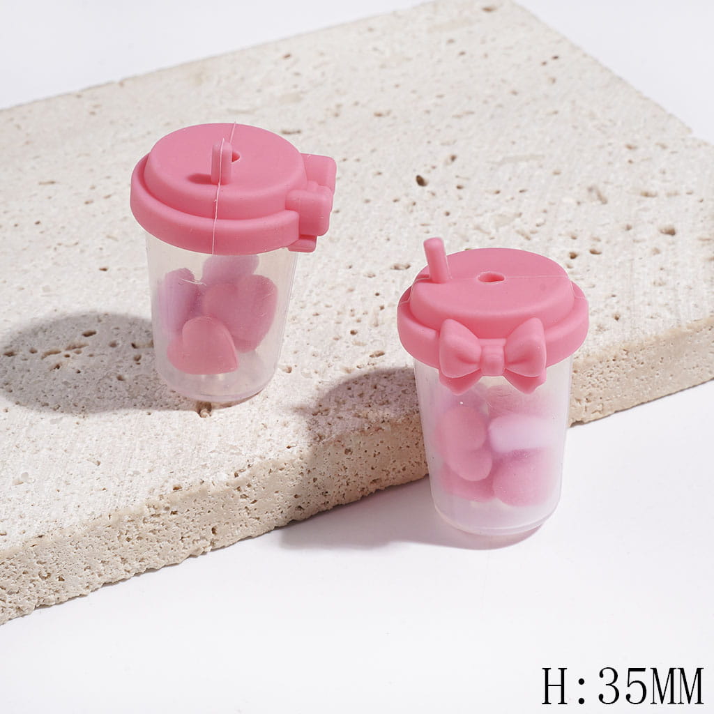 Mini Hearts Inside Milk Tea Cup Beads, Silicone Focal Shaker Beads with Bowtie and Silver Glitter Design, Height 35MM, Multi-Color