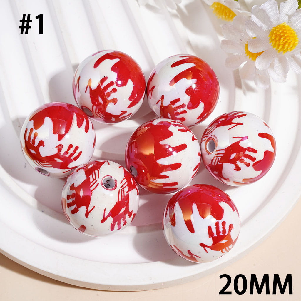 UV Coating Acrylic Beads for Bracelets with Bloody Red Spots Print, Horror Series, 20MM