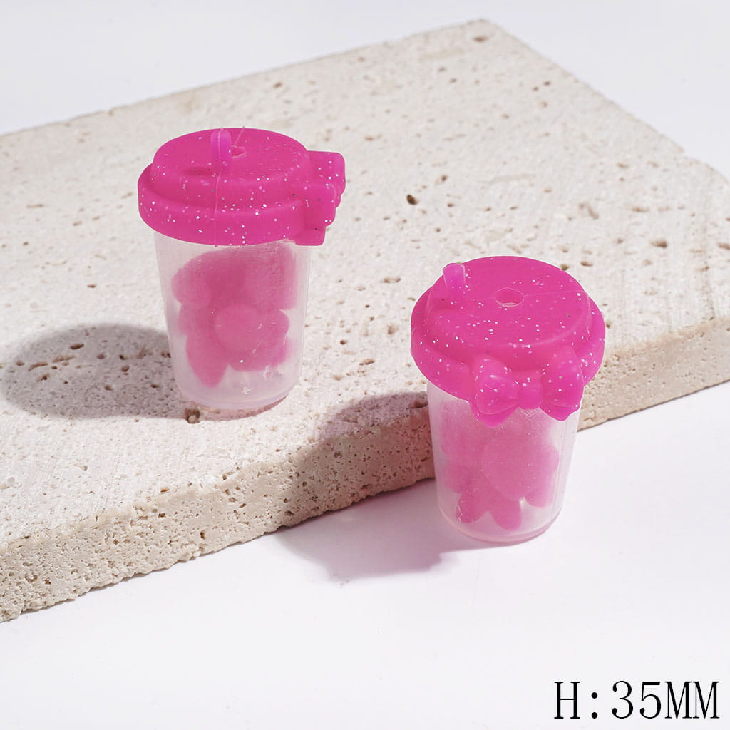 Mini Hearts Inside Milk Tea Cup Beads, Silicone Focal Shaker Beads with Bowtie and Silver Glitter Design, Height 35MM, Multi-Color