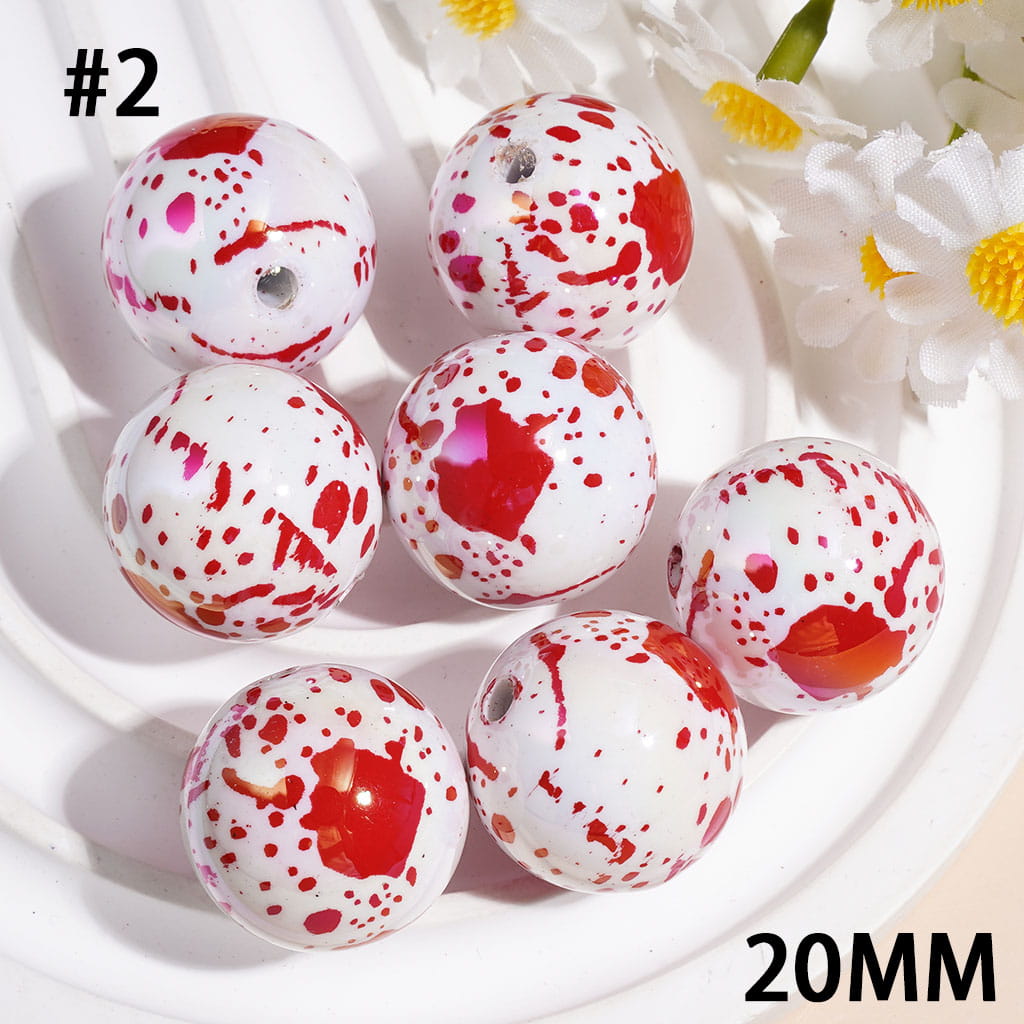 UV Coating Acrylic Beads for Bracelets with Bloody Red Spots Print, Horror Series, 20MM