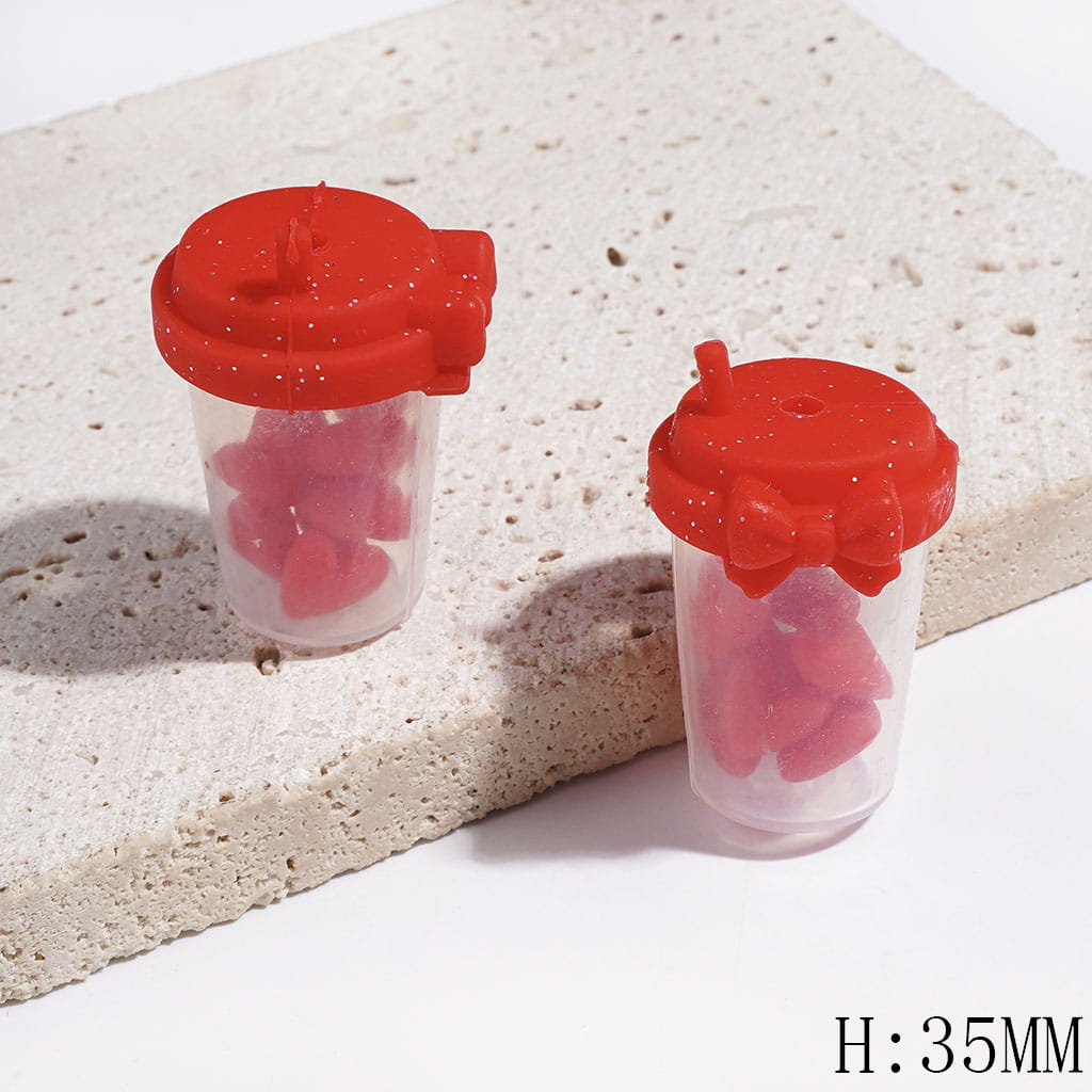 Mini Hearts Inside Milk Tea Cup Beads, Silicone Focal Shaker Beads with Bowtie and Silver Glitter Design, Height 35MM, Multi-Color