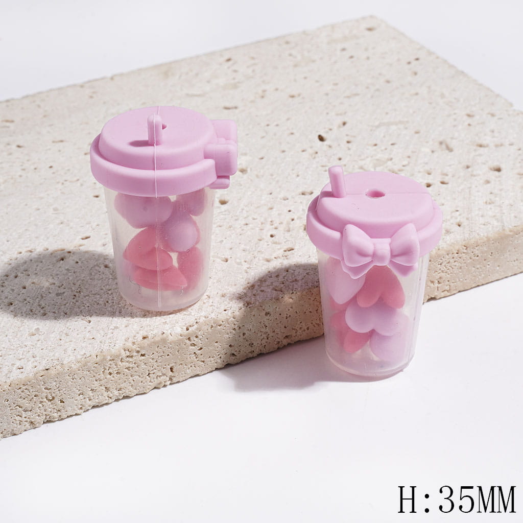 Mini Hearts Inside Milk Tea Cup Beads, Silicone Focal Shaker Beads with Bowtie and Silver Glitter Design, Height 35MM, Multi-Color