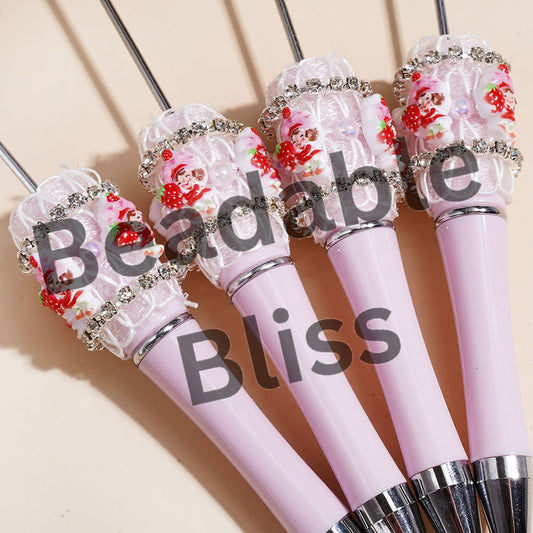 Handcrafted Beadable Pens with Sheer Fabric & Berry Girl, Clear Rhinestone Chains & UV Coated Half-Shell Pearls