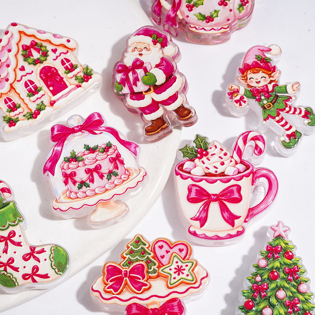 Semi-Clear Acrylic Beads with Bowtie Gingerbread House Santa Claus Cake Christmas Tree Elf Stocking Teapot, Pink Series, Random Mix