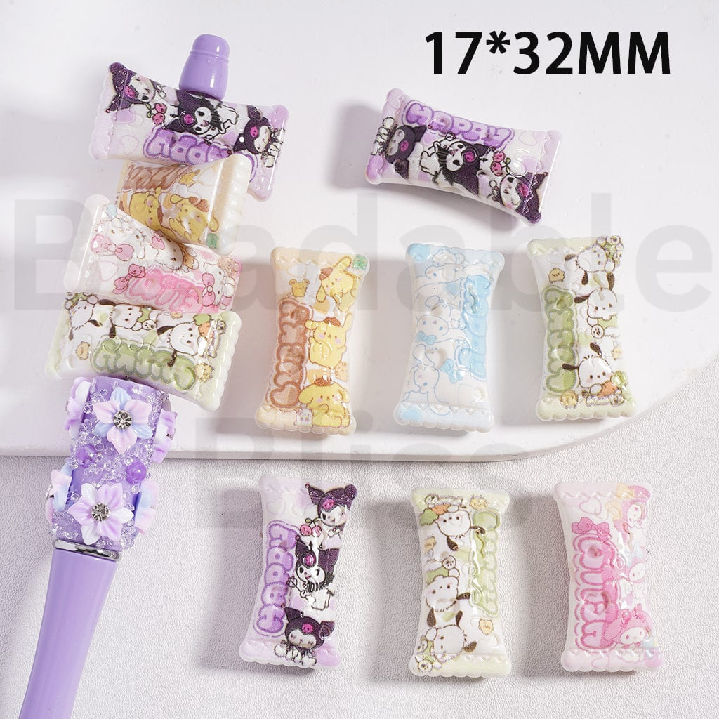 Acrylic Beads Cute Sanri Series Hello Kitt Kurom My Melod Pochacc Pom Po Puri Cinnamonrol Prints Candy, 17*32MM, Random Mix