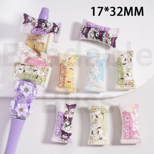 Acrylic Beads Cute Sanri Series Hello Kitt Kurom My Melod Pochacc Pom Po Puri Cinnamonrol Prints Candy, 17*32MM, Random Mix