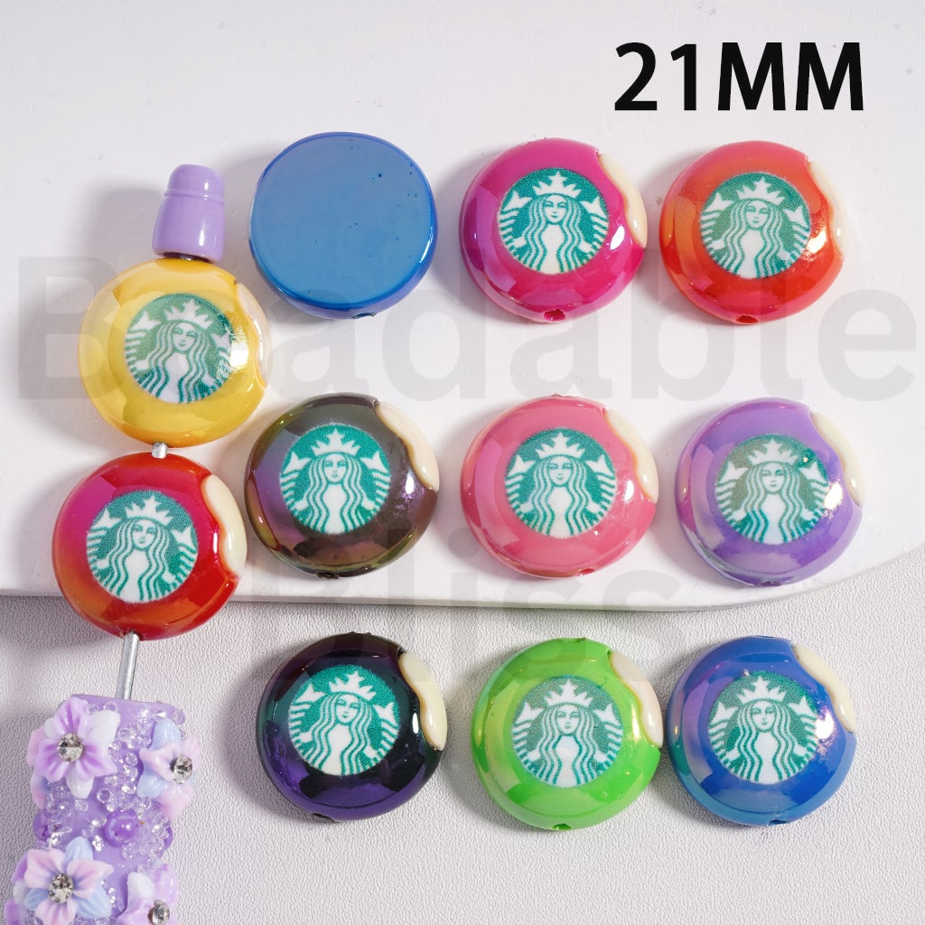 Acrylic Beads Round Cookie Shape UV Coating with Starbuc Coffee Prints, 21MM, Random Mix