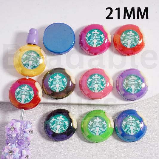 Acrylic Beads Round Cookie Shape UV Coating with Starbuc Coffee Prints, 21MM, Random Mix