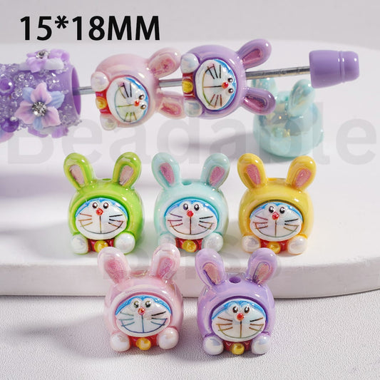 Acrylic Beads UV Coating Cute Doraemo with Bunny Rabbit Hat Japan Anime, 15*18MM, Random Mix