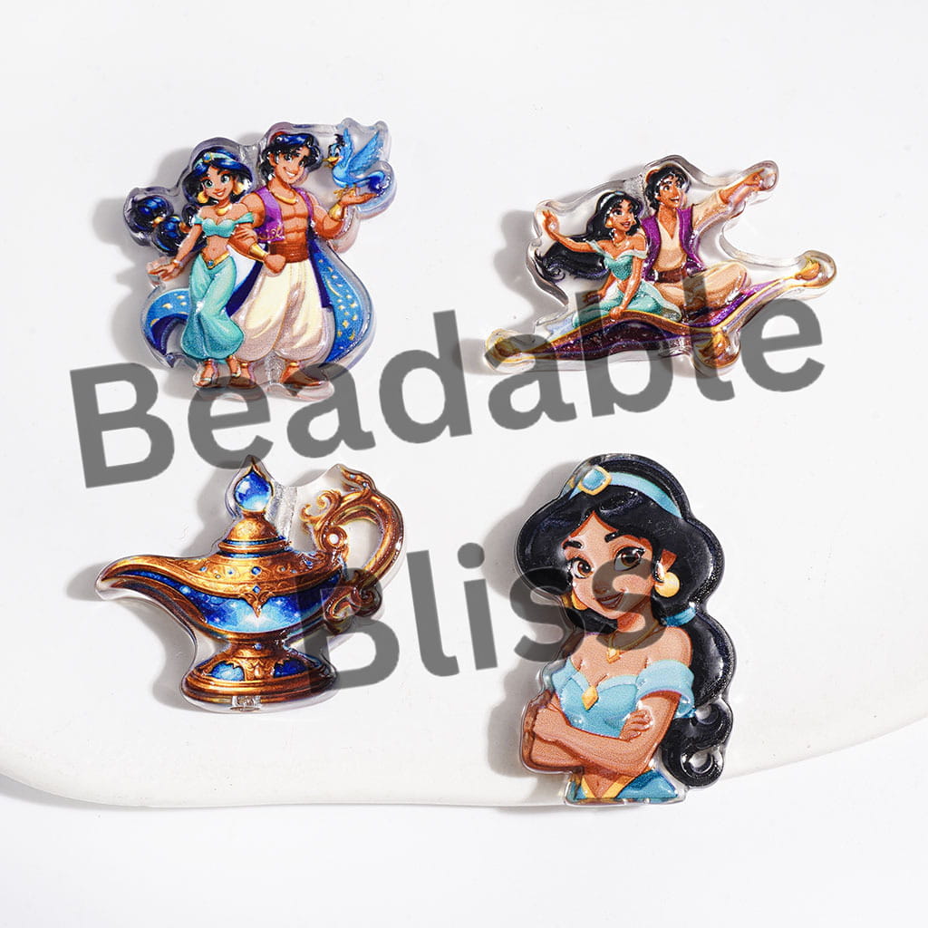 Classic Ordinary Boy and Magic Lamp Prints Series Acrylic Beads, Princess Monkey Parrot, Semi-Clear, Random Mix