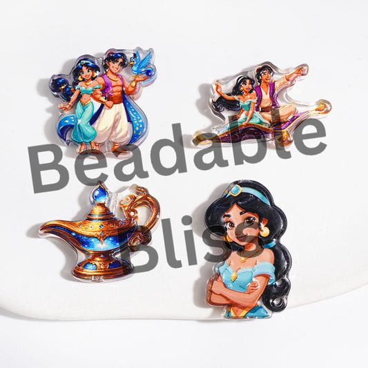 Classic Ordinary Boy and Magic Lamp Prints Series Acrylic Beads, Princess Monkey Parrot, Semi-Clear, Random Mix