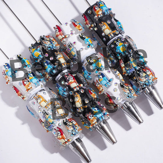 Beadable Clay Pens with Friendly Blue Dog Character in Family Series, AB Rhinestones & White Pearls, Black White