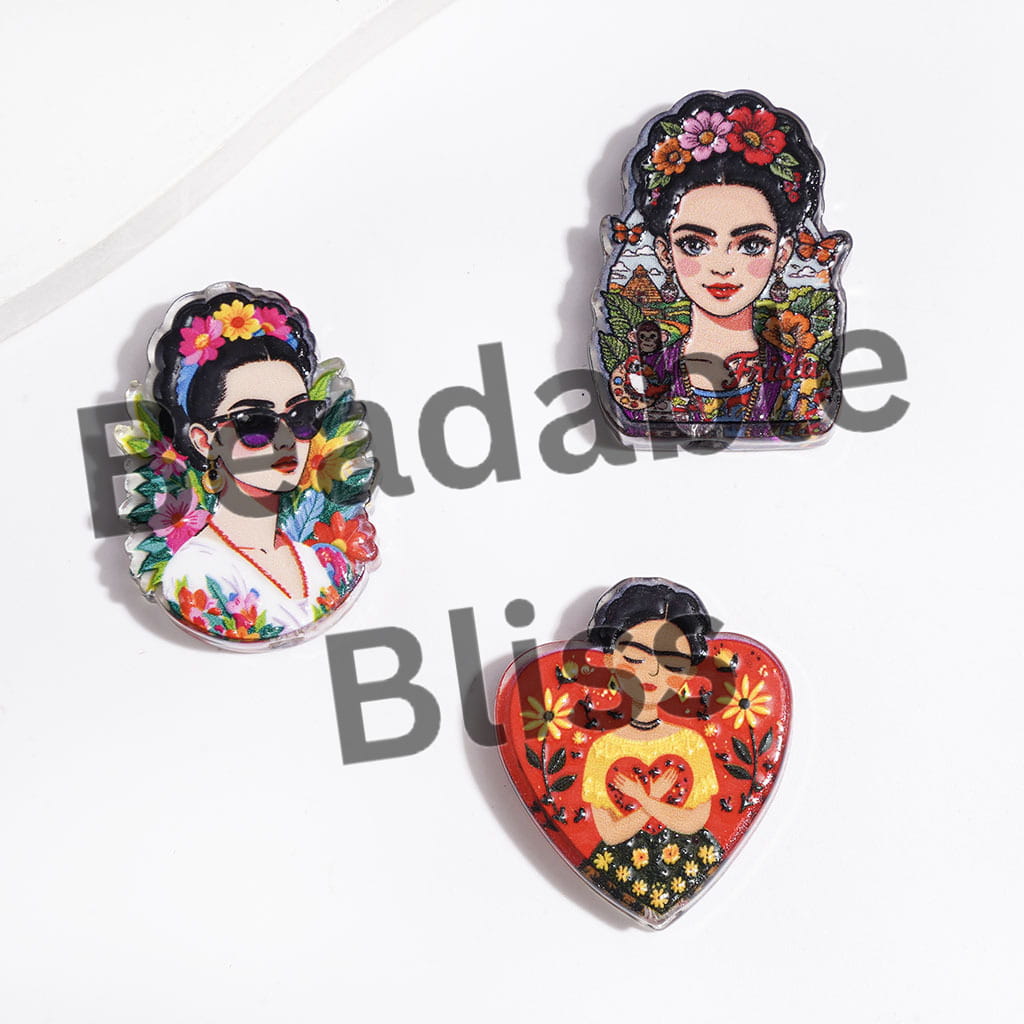 Flower Style Frida Oil Painting Portraits Series Acrylic Beads, Semi-Clear, Random Mix