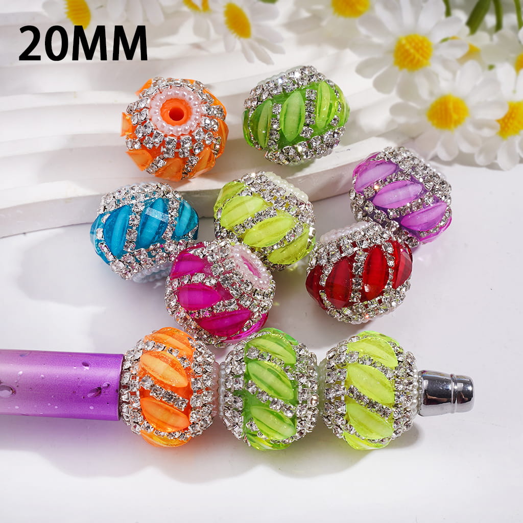 Acrylic Beads with Oblique Leaf Shaped and Clear Rhinestone Chains, White Pearl Chains, 20MM, Fluorescence Color