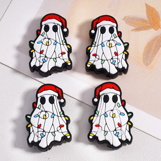 Silicone Focal Beads Cute Ghost with Red Christmas Hat Covered by Colorful Lights