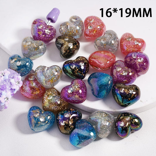Acrylic Beads UV Coating Shiny Glitter Gold Flakes Clear Rhinestones Inside Hearts, Multi-Color, 16*19MM, Random Mix