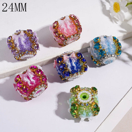 Handmade Acrylic Sugar Beads w Shiny Glitter Bow & Cone Shaped Clear Rhinestones, Metal Chain w Rhinestones & White Pearl Chains, 24MM Multi-Color Random Mix