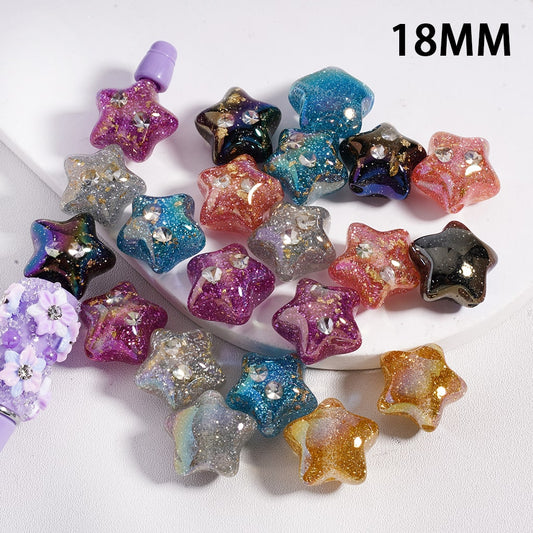 Acrylic Beads UV Coating Shiny Glitter Gold Flakes Clear Rhinestones Inside Stars, Multi-Color, 18MM, Random Mix