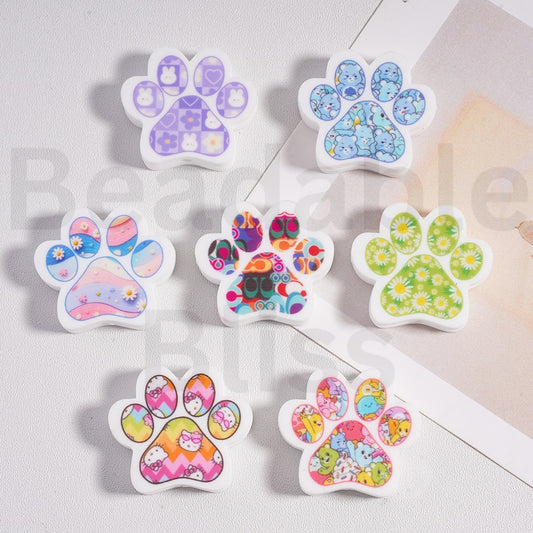 Silicone Focal Beads Cute Paw Prints with Different Designs, Random Mix