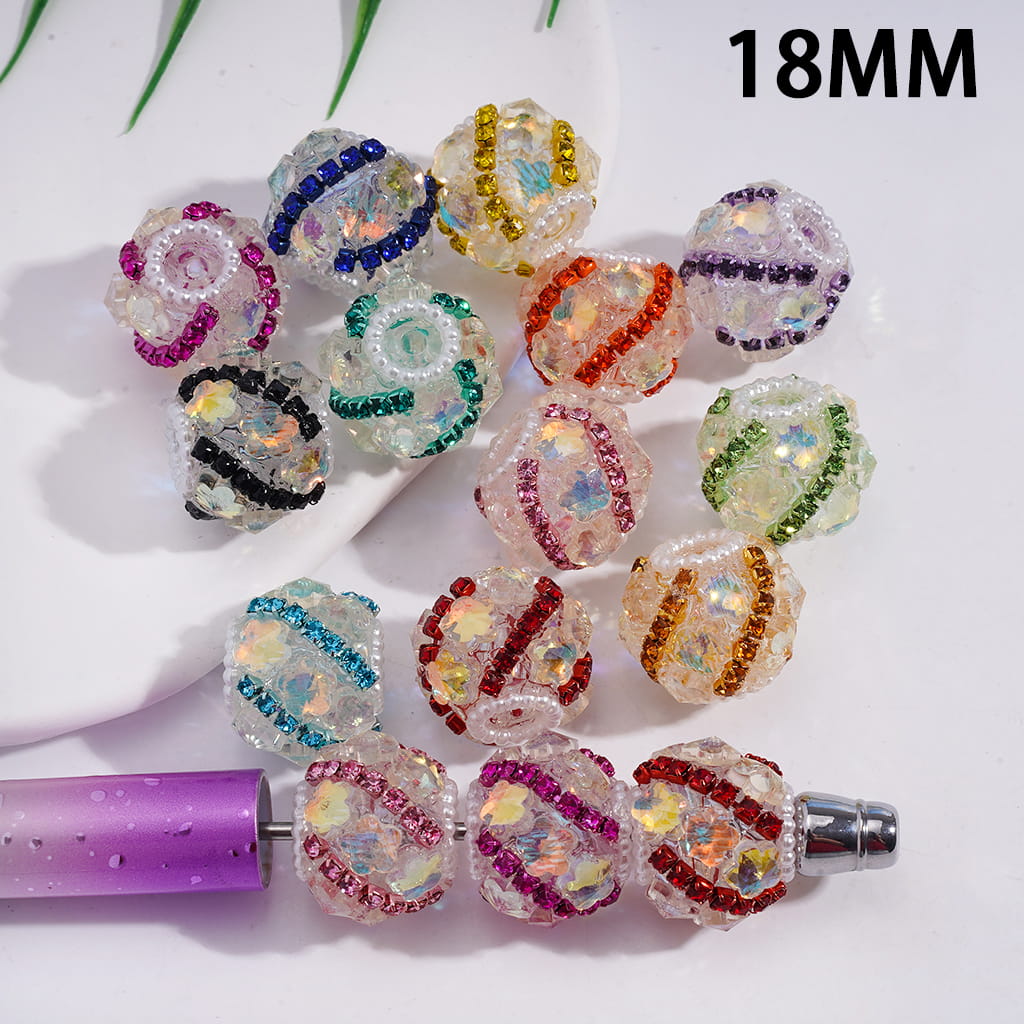 Acrylic Beads with Dazzling Flowers and Rhinestone Chains, White Pearl Chains, 18MM, Multi-Color