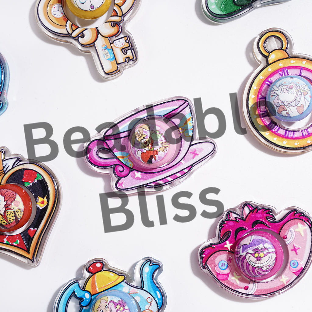 Girl into Rabbit Hole Fantasy World in Character Printed Series Collection Set Acrylic Beads, Pocket Watch Tea Set Hat Heart Bottle Key Cat, Random Mix