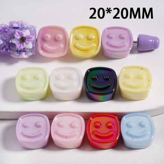 Acrylic Beads UV Coating Cute Smile Face Square, Multi-Color, 20*20MM, Random Mix