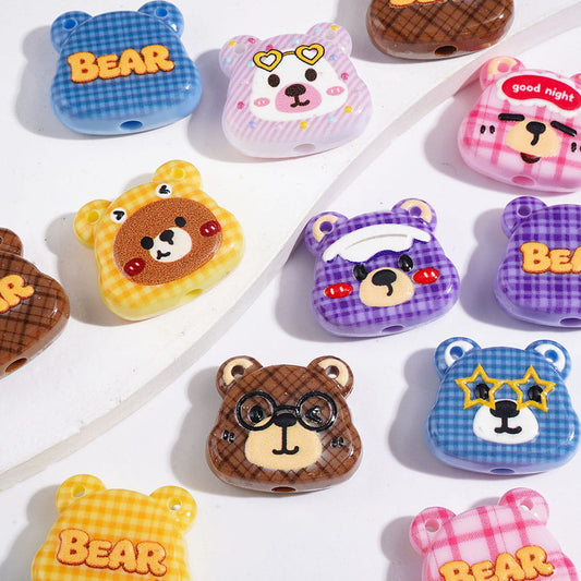 Diverse Style Bear Head with Check Acrylic Beads and Pendants, 19*22MM, Two Lifting Hole, Random Mix