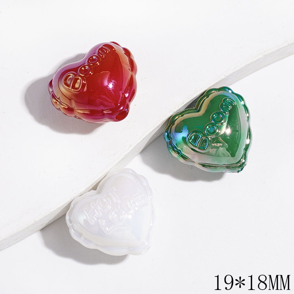 Christmas Theme Heart with Text "Boom" & "HOT LOVE" Acrylic Beads, UV Finish, 19*18MM, Red Green White, Random Mix