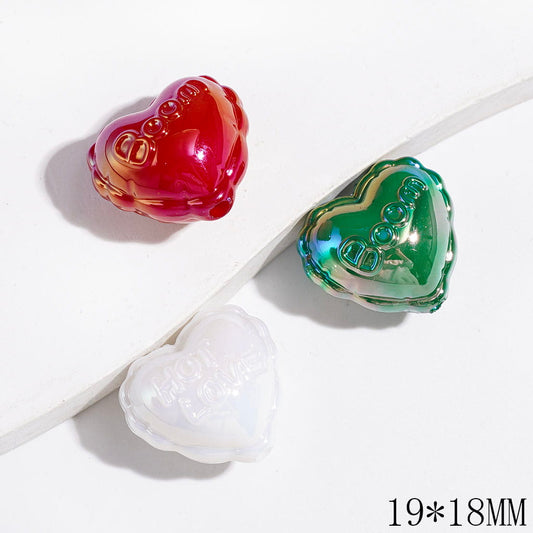 Christmas Theme Heart with Text "Boom" & "HOT LOVE" Acrylic Beads, UV Finish, 19*18MM, Red Green White, Random Mix
