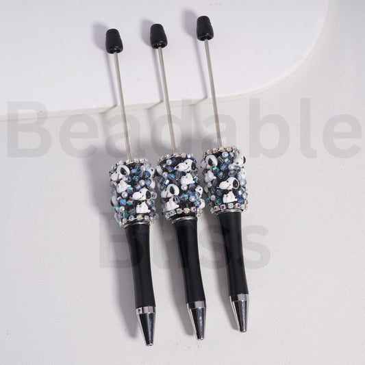 Beadable Pen with Cute Snoop White Pearls AB Rhinestones Chains Black Color // Clay Beads Cute Snoop AB Rhinestones, Black Color, 20MM