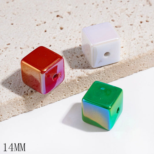 UV-Coated Cube Square Shape Acrylic Beads, 14MM, Christmas Style, Red Green White, Random Mix