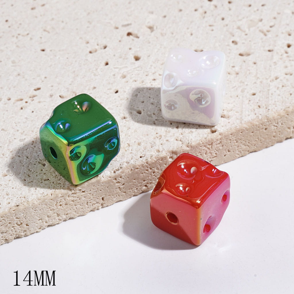 Christmas Red Green White Cheese Acrylic Beads, UV Finish, 14MM, Cube Square Shape, Random Mix