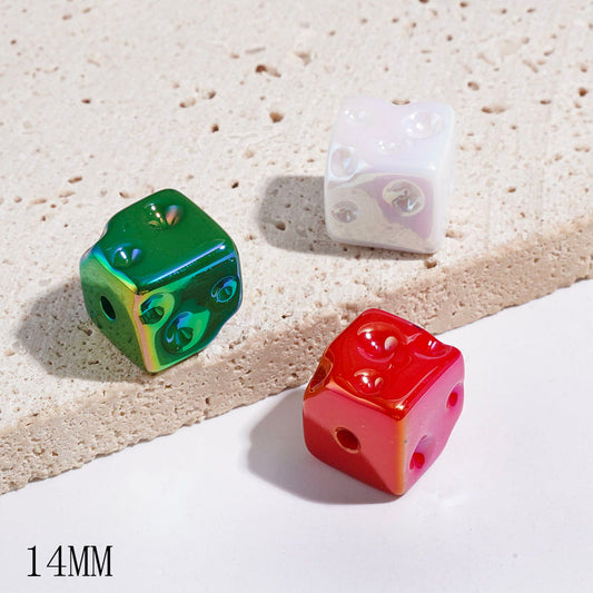 Christmas Red Green White Cheese Acrylic Beads, UV Finish, 14MM, Cube Square Shape, Random Mix