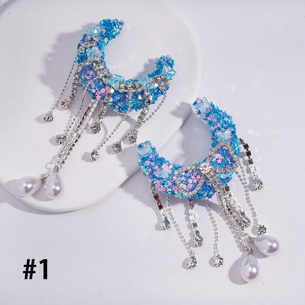 Handcrafted Sugar Crescent Moon Beads with Dreamy Sequin Rhinestones & Butterflies, Clear Rhinestone Chains Bowtie Tassels with Water Drop Pearls, Multi-Color