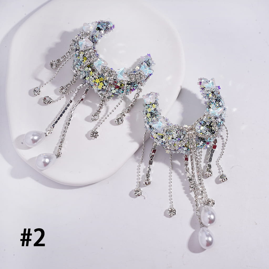 Handcrafted Sugar Crescent Moon Beads with Dreamy Sequin Rhinestones & Butterflies, Clear Rhinestone Chains Bowtie Tassels with Water Drop Pearls, Multi-Color