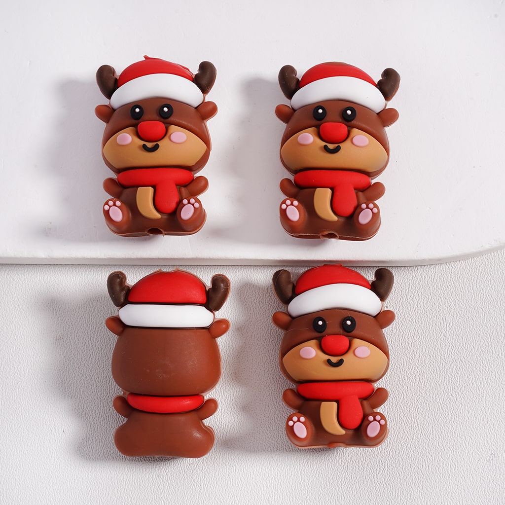 Silicone Focal Beads 3D Cute Deer Elk with Red Christmas Hat Scarf
