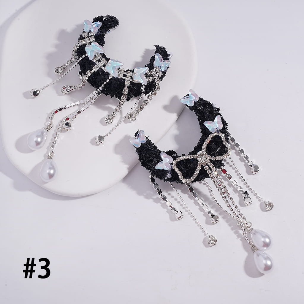 Handcrafted Sugar Crescent Moon Beads with Dreamy Sequin Rhinestones & Butterflies, Clear Rhinestone Chains Bowtie Tassels with Water Drop Pearls, Multi-Color