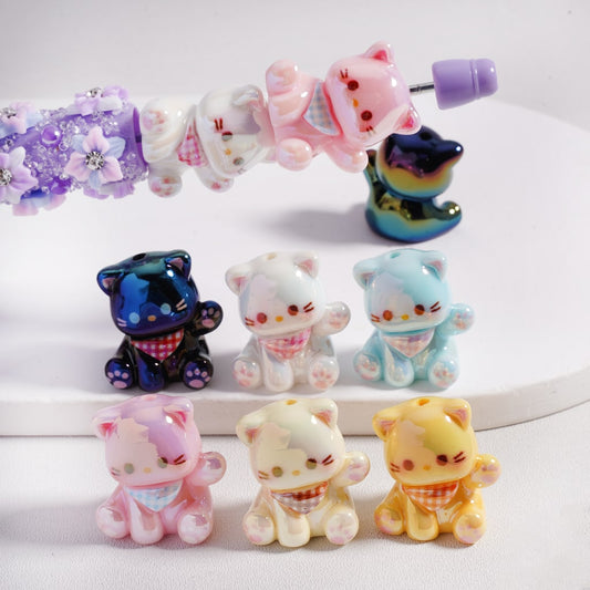 Acrylic Beads UV Coating Cute Cat Kitty with Bib, 22*24MM, Random Mix