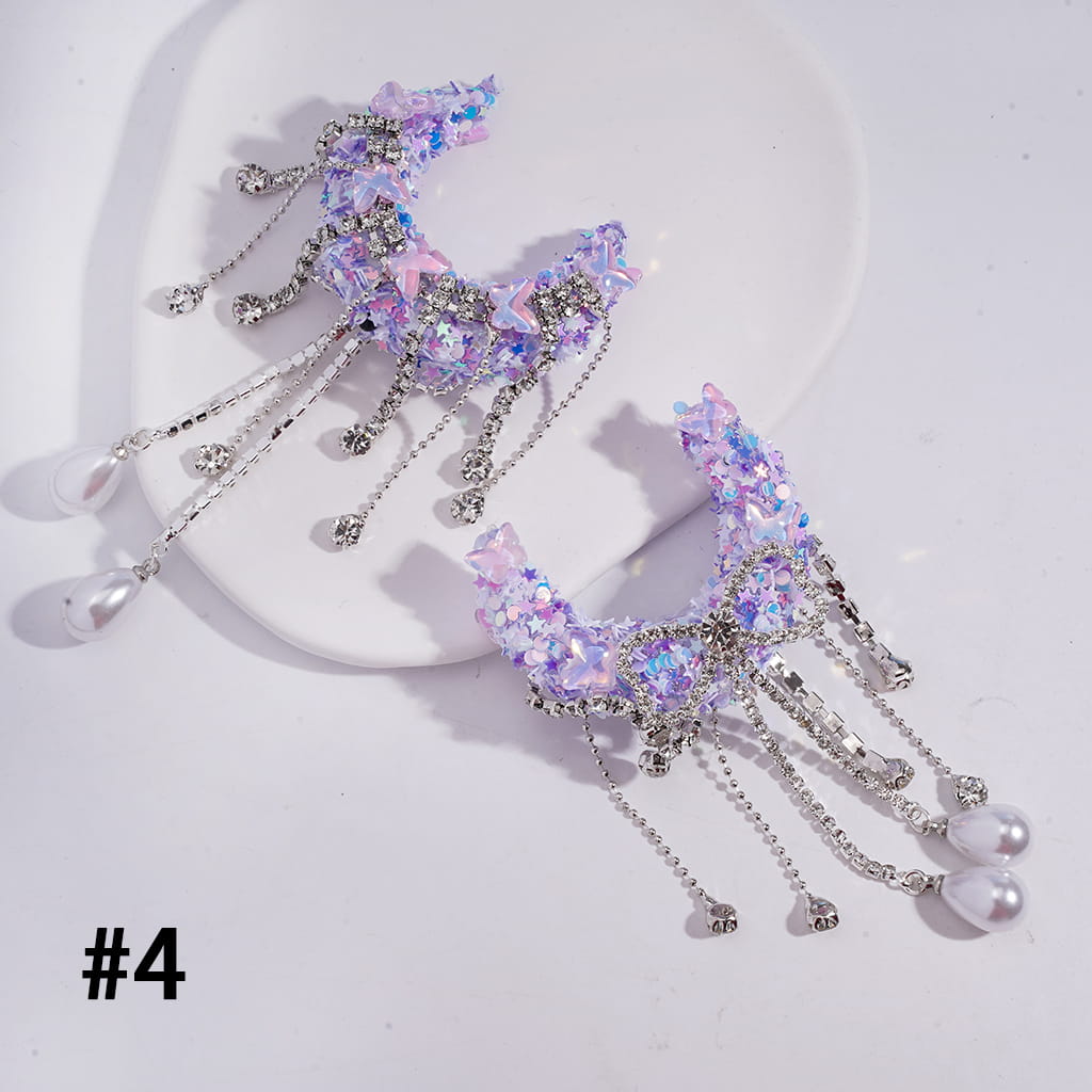Handcrafted Sugar Crescent Moon Beads with Dreamy Sequin Rhinestones & Butterflies, Clear Rhinestone Chains Bowtie Tassels with Water Drop Pearls, Multi-Color