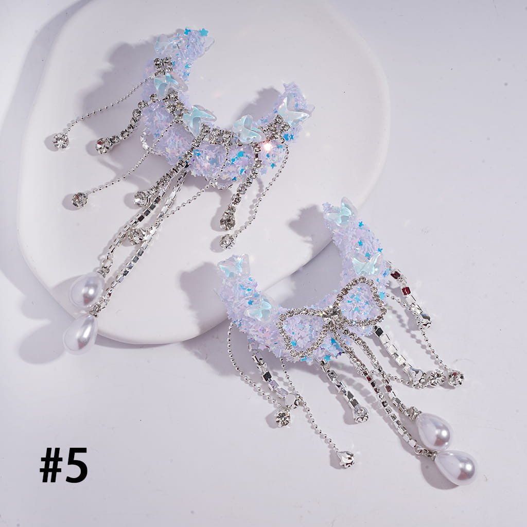 Handcrafted Sugar Crescent Moon Beads with Dreamy Sequin Rhinestones & Butterflies, Clear Rhinestone Chains Bowtie Tassels with Water Drop Pearls, Multi-Color