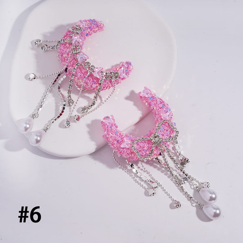 Handcrafted Sugar Crescent Moon Beads with Dreamy Sequin Rhinestones & Butterflies, Clear Rhinestone Chains Bowtie Tassels with Water Drop Pearls, Multi-Color